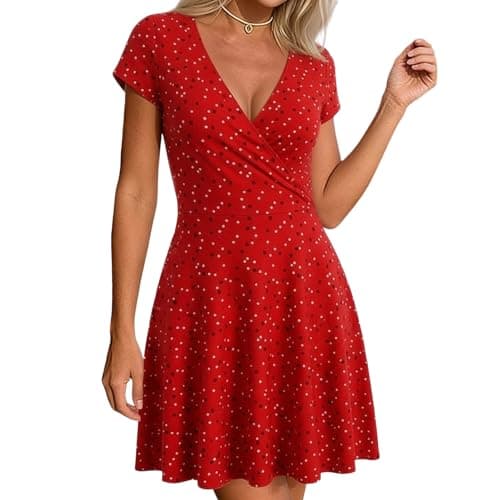 Image of Summer Dresses for Women UK Ditsy Floral V Neck Wrap Mini Dress Short Sleeve A-Line Flowy Sundress Casual Daily Wear Beach Holiday Party Boho Vintage Print Clothing Red XL