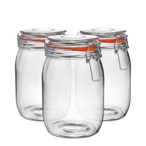 Image of Argon Tableware Glass Jars with Airtight Metal Clip Lid - 1000ml/33.8oz - 3 Pack - 4 Colour Seals - Large Kitchen Storage Container Round Preserving Jar for Pickling, Chutney, Jam, Coffee