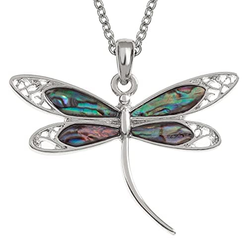 Image of Kiara Jewellery Large Dragonfly Pendant Necklace Inlaid With Natural Greenish Blue Paua Abalone Shell on 18" Trace Chain. Non Tarnish Silver Colour Rhodium plated.