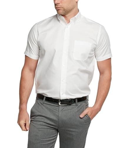 Image of Double TWO Men's Short Sleeve Dress Shirt Easy Care Classic Fit Formal Plain Business Shirt - White, 15in Collar