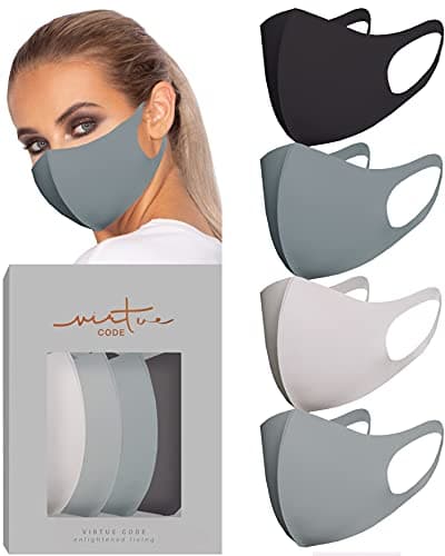 Image of VIRTUE CODE Second Skin Cloth Face Mask Pack. 4 Buttery Soft Masks Washable Fabric - Grey Face Mask Reusable. Stretchy, Comfortable, Fresh Facemask.
