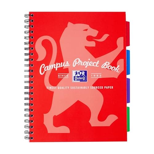 Image of Oxford Campus A4 Project Notebook with Dividers, Wirebound, 8 mm Lined with Margin, 200 Pages, Pack of 1, Optik Paper+, Red
