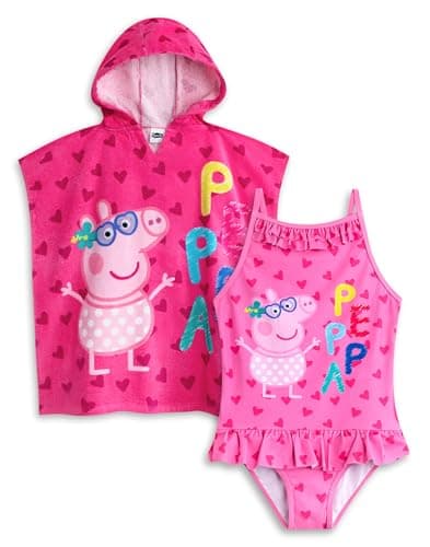 Image of Peppa Pig Girls Swimsuit & Hooded Towel Poncho | Kids Pink Swimming Costume and Towelling Robe | Gift for Children