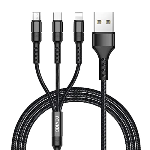 Image of RAVIAD Multi Charger Cable, 3 in 1 Charger Cable 3A USB Fast Charging Cord [2M] Multi Charging Cable with Micro USB Type C Lightning Cable Connector for iPhone, Samsung, Huawei, Sony, LG, PS5-Black