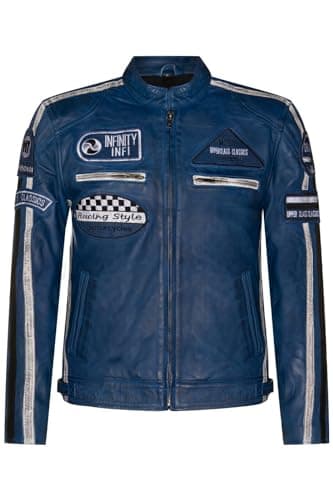 Image of Mens Blue Leather Biker Badges Racing Moto Jacket S