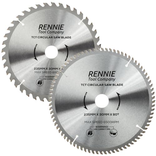 Image of (Pack Of 2) Rennie Tools - 235mm x 30mm x 40T & 80T TCT Circular Wood Saw Blades Includes 25mm 20mm & 16mm Bore Reduction Rings. Compatible with Bosch Makita Dewalt Circular Saw Etc. 235mm Saw Blade