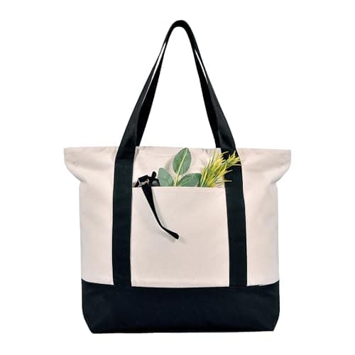 Image of MINIMARG Heavy Duty 100% Cotton Canvas Tote Bag With Zip and external pocket, Suitable for Daily Grocery, Travel, Shopping, Events and Gifts, Sturdy Reusable Women Beach Tote Bag (Natural/Black)