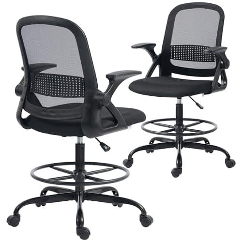 Image of HOMCOM Drafting Chair, Tall Office Desk Chair with Flip-up Armrests, Adjustable Height and Footrest, Lumbar Support for Standing Desk, Home Office Use, Black