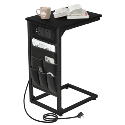 Image of AMHANCIBLE C-Shaped Side Table, Sofa Table with Charging Station, 2 USB & AC Outlets, Bedside Table with Cloth Storage Bag, End Table for Small Spaces, Coffee Table for Living Room, Black HET04CBK-1