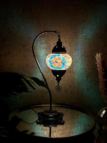 Image of Lightza Handmade Turkish Moroccan Mosaic Desk Lamp LED Bulb | Swan Neck Unique Globe Lampshade Table Light | UK Tested Safe Energy Efficient (Golden & Blue Circle)