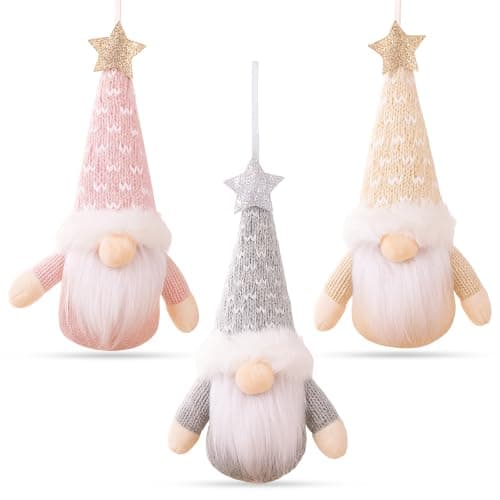 Image of Christmas Ornaments for the Home, Pink, Grey, Yellow, 20cm×6cm, Set of 3 Knitted Hat Gnome Hangers, Festive Xmas Decorations for Tree and Home,