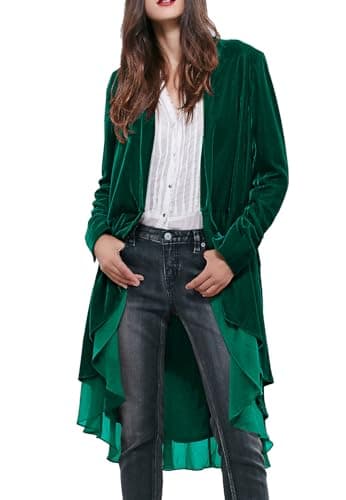 Image of R.Vivimos Autumn Winter Women Velvet Ruffle Coat Casual Vintage Long Jacket Collarless Classic Swallowtail Hem Blazer(XLarge,Green)
