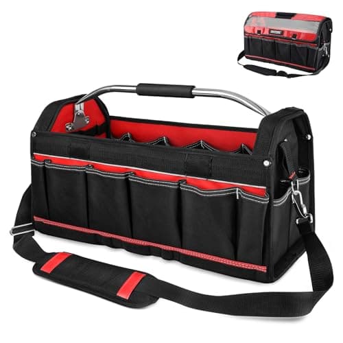 Image of HAUTMEC 20" Heavy-Duty Tool Tote with Waterproof Clear Cover, Large Open Top Tool Bag with Rotating Handle, Rigid Frame, EVA Hard Base & Padded Shoulder Strap for Jobsite – HT0296