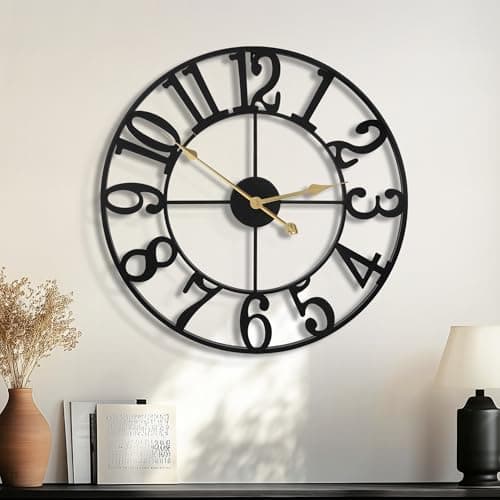 Image of HAITANG Modern Large Wall Clocks for Living Room, 47cm / 18.5" Round Black Metal Silent Non Ticking Battery Operated Arabic Numerals Clock for Farmhouse, Bedroom,Kitchen,Office,Classroom Home Decor