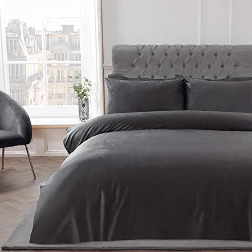 Image of Sleepdown Matt Velvet Charcoal Grey Luxury Super Soft Easy Care Plain Duvet Cover Quilt Bedding Set with Pillowcases - King (220cm x 230cm)