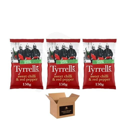 Image of Tyrrells Sharing Crisps – Hand Cookek Crisps Variety, Sea Salted, Cheddar & Chive, Sweet Chilli, Cider Vinegar and More | Party Snack (Sweet Chilli & Red Pepper 150g - Pack 3)