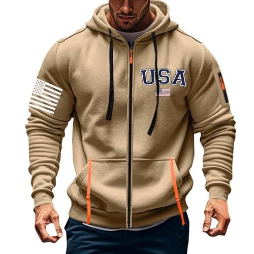 Image of Men'S Sweatshirt Full Zip Military Jacket Hoodies Long Sleeve Usa Flag Print Tracksuit Tops Combat Outdoor Casual Loose Fit Gym Coat Autumn Winter Streetwear (Khaki, L)