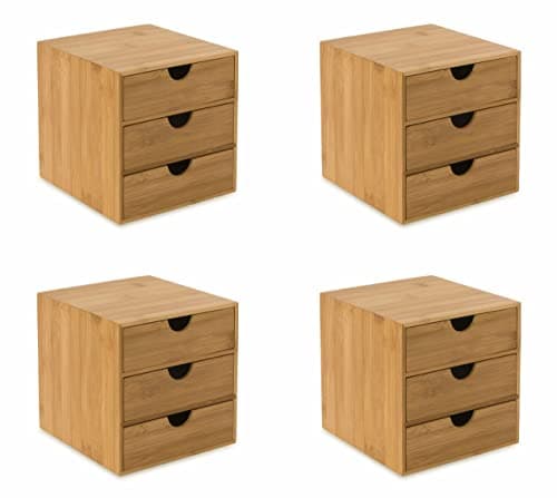 Image of OSCO Bamboo 3 Drawer Chest | 4 Pack | Small Item Storage | Stackable | Lego Container | Makeup Container | Jewellery Box | Stationery Organiser | Not A4 Size | H17.7 x W16.8 x D17.5 cm