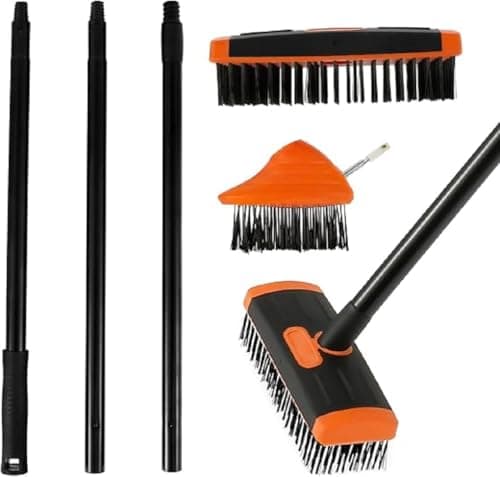 Image of Weed Remover Tool Wire Brush Scraper Set Broom Twin Heads Set 3 in 1 Extendable Telescopic Handle Paving Garden Patio Cleaner Remove Weed & Moss from Block Path Patio and Driveway Orange