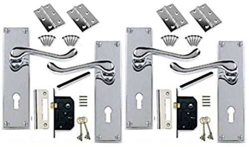 Image of Discount Hardware UK Victorian Scroll Chrome Door Handle Lock Pack with + 2 Lever Lock + Hinges (2) and Key - Polished Door Handles with Locks for Enhanced Security & Style - Sets of 2