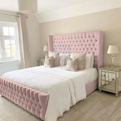Image of YORKSHIRE HOMEWARE Chesterfield Plush Velvet Wingback Bed Frame Gas Lift Options Ottoman Storage Gas Lift Winged Bed UPHOLSTERED BED FRAME Royal Winged Bed (Pink, 3FT SINGLE)