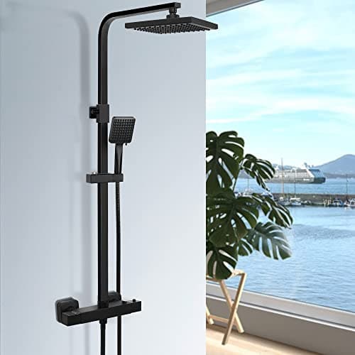 Image of Ronvie Thermostatic Shower Mixer Set, Thermostat Shower Rail System with Adjustable Rainfall Shower Head, Scalding Protection Bath Tap, Anti-Kink Shower Hose (Square, Matte Black)