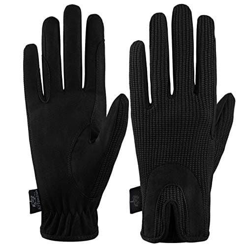 Image of All Day Horse Riding Gloves Ladies Dublin Track Fabric Gloves Leather Equestrian (Black, L)