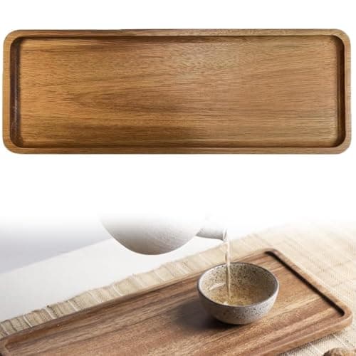 Image of Wooden Serving Tray, Rectangle Acacia Wood, Vintage Tea Trays for Display Fruit Snacks Appetizer Sushi Food Decor Desserts Cocktail or Wine(29x 10.5cm)