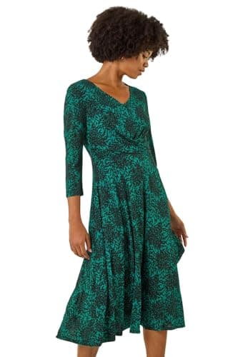 Image of Roman Fit and Flare Dress for Women Ladies Chest Twist Knot Ruched Tea Skater Empire Waist Wedding Guest Smart Casual Swing Midi 3/4 Long Sleeve Knee Length - Teal Ink - Size 14