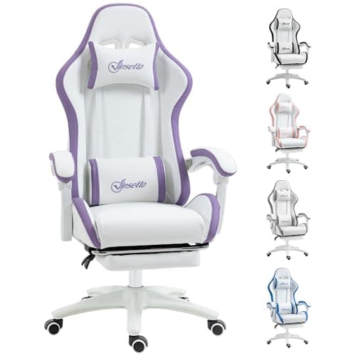 Image of Vinsetto Computer Gaming Chair, PU Leather Office Desk Chair with Footrest, Swivel Wheels, 135° Reclining Back, Lumbar Support, Headrest for Home, White and Purple