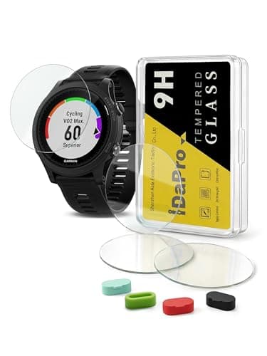 Image of iDaPro [4 Pack] Screen Protector for Garmin Forerunner 935 Smartwatch + Silicone Anti-dust Plugs, Tempered Glass Anti-Scratch Bubble-Free