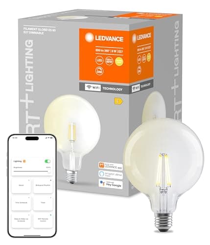 Image of LEDVANCE Smart LED lamp with WiFi Technology, Base: E27, Warm White, 2400 K, 5.50 W, Replacement for 60 W Incandescent Bulb, Works with Google & Alexa Voice Control, SMART+ Filament Globe Dimmable