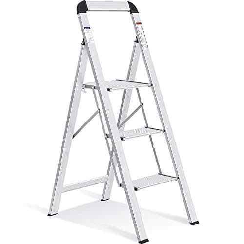 Image of KINGRACK 3 Step Ladder with Handrail, Aluminium Folding Step Stool Portable, Non-Slip Household Stepladder with Wide Platform for Kitchen Pantry Closets Home Office, Maximum Load 150 kg, Silver