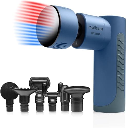 Image of Medisana MG 600 Massage Gun with Hot & Cold function, deep tissue massage with 3 vibration levels, ergonomic shape design and accent color "stone blue", 7 massage attachments, battery operation