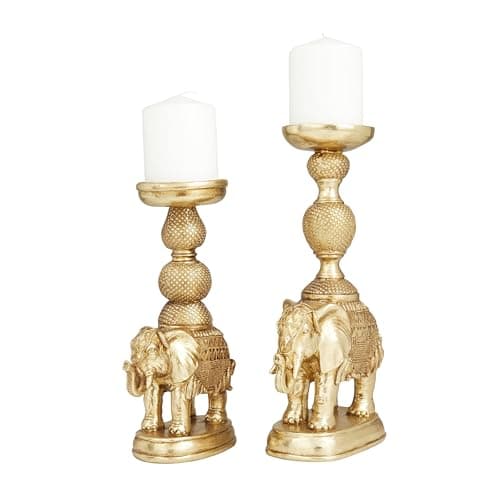 Image of Deco 79 Polystone Elephant Candle Holder, Set of 2 13", 11"H, Gold