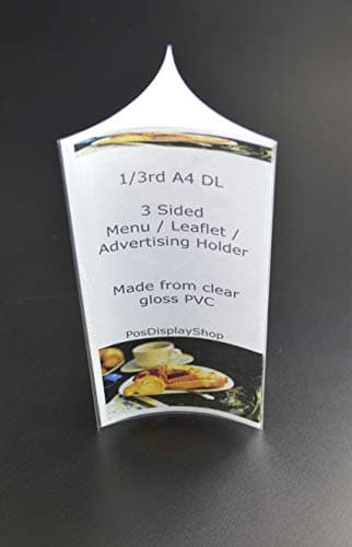 Image of Pos Display Shop 10 x 3 sided 1/3rd A4 (Not A4) Menu Price List Sign Holders Table Talkers - PVC - Flat Pack Pop up - PDSA12