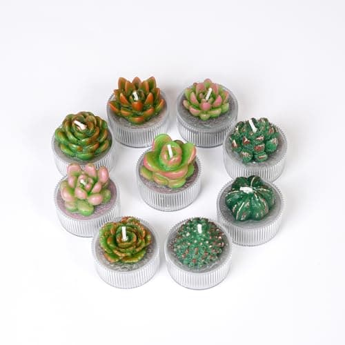 Image of Handmade Unscented Succulent Cactus Tealight Candles, 9PCS Clean Burn Tea Lights in Ribbed Plastic Reusable Cups, 4.5H Slow Burning Candle Set for Party Favors Baby Shower Decor Wedding Birthday