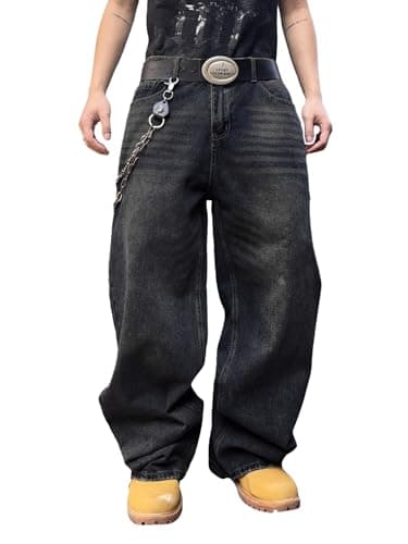Image of Zewool Mens Hip Hop Baggy Jeans Wide Leg Skater Jeans Casual Loose Denim Pants Y2k Skateboard Streetwear Straight Leg Relaxed Fit Classic Vintage Extreme Motion Jogging Joggers,A10 Black,XXL