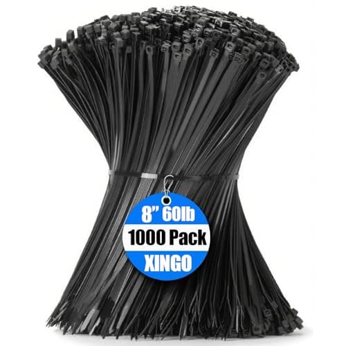 Image of XINGO Black Cable Ties Pack of 1000, 200mm x 4.8mm, Premium Nylon Durable Zip Ties, Self-Locking UV Resistant Nylon Plastic Wire Ties for Indoor and Outdoor
