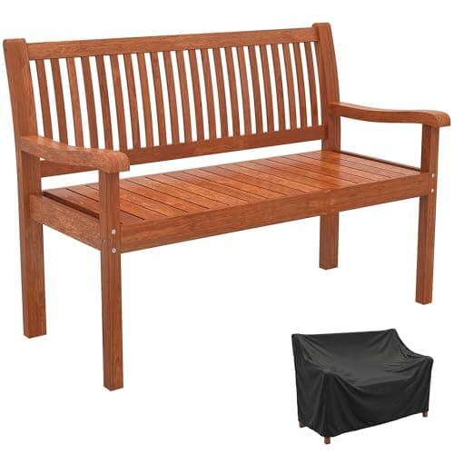 Image of Outsunny Garden Bench 2 Seater, Wooden Outdoor Bench with Waterproof Cover, Garden Seat with Ergonomic Backrest, Patio Furniture for Park, Balcony, Porch, Light Brown