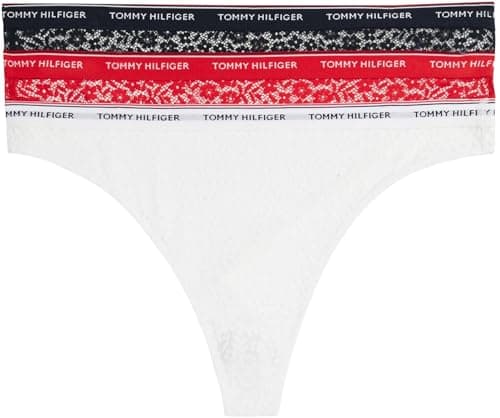 Image of Tommy Hilfiger Women's 3 Pack Premium Essential Thongs, Multicolor (Desert Sky/White/Primary Red), S