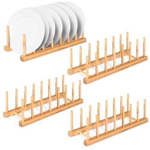 Image of Lychico 4-Pack Bamboo Dish Drying Rack, 7-Slot Multi-Use Holder for Kitchen, DIY Organizer for Dishes, Lid, Crafts, Makeup, Office & More, Natural Wood Storage Tray
