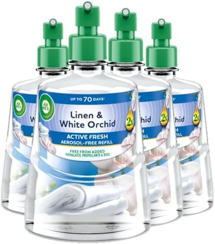 Image of Air Wick Linen & White Orchid Aerosol-Free Automatic Spray Refill 228ml Pack of 4, Lasts up to 70 Days, Air Freshener