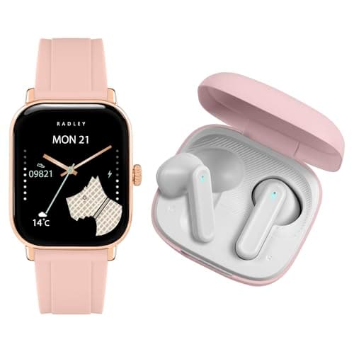 Image of RADLEY Series 56 Pink Silicone Strap Smart Watch with True Wireless Earphones