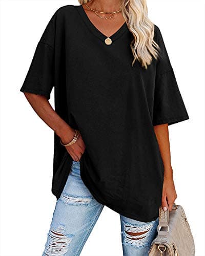 Image of Ebifin Women's Oversized T Shirts Half Sleeve Plain V Neck T Shirt Basic Tees Loose Cotton Tunic Tops.Black.XXL