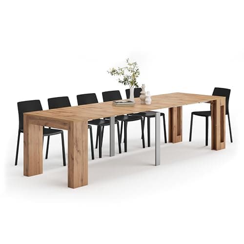 Image of Mobili Fiver, Easy, Extendable Console Table with extension leaves holder, 45(305) x 90 cm, Rustic Oak, Made In Italy