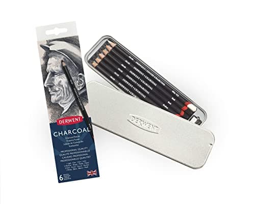 Image of Derwent Charcoal Drawing Pencils, Drawing & Writing, Set Of 6 with Sharpener, Light, Medium, Dark & Tinted Charcoal White, Ideal For Blending & Smudging, Professional Quality, 0700838