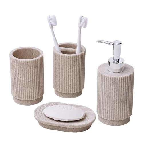 Image of 4 Piece Bathroom Accessories Set | Soap Dispenser & Toothbrush Holder Organiser | Compact Vanity Set with Soap Dish | Polyresin Gift Set | Beige Striped Design