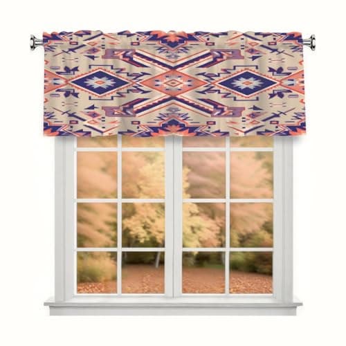 Image of TropicalLife Kitchen Valances for Windows, 54x18 Inch Polyester Rod Pocket Window Valance Curtain with Retro Ethnic Aztec Geo Design, Filtering Light Valance for Bathroom, Laundry Room