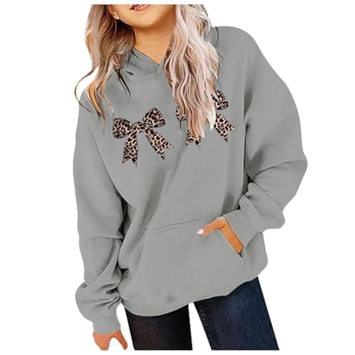 Image of SoLu DAY8 Hoodie Kids Girls Age 3-12 Years Trendy Graphic Leopard Bow Sweatshirt for Teen Girls Winter Long Sleeve Tops PuLover Cute Cartoon Comfy Casual Vacation Blouse (Grey, 8-10 Years)